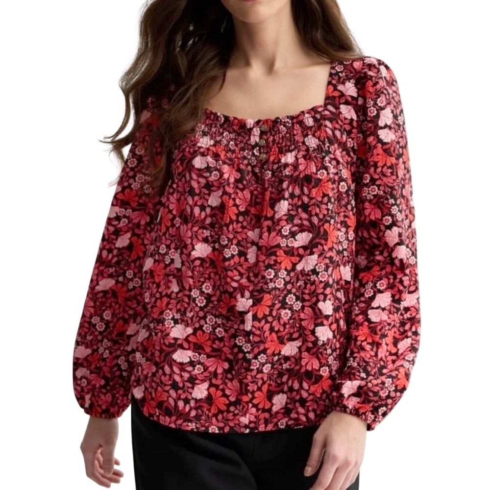 Draper James Floral Blouse Women L Red Pink Black Square Neck Puff Sleeve